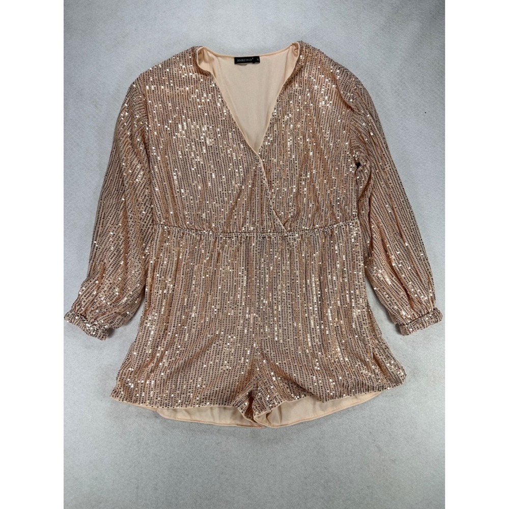 Double Crazy Rose Gold Sequin Romper Long Sleeve V-Neck Party Jumpsuit 1XL